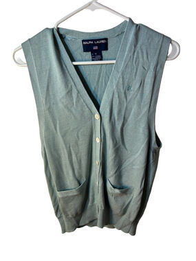 Vintage Ralph Lauren Women's Mint Green Sleeveless V-Neck Cardigan Vest Medium